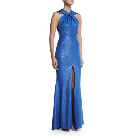 Talbot Runhof Red Crepe Golatta Draped High-Slit Split-Shoulder Halter Gown Sz 6 - Picture 10 of 12